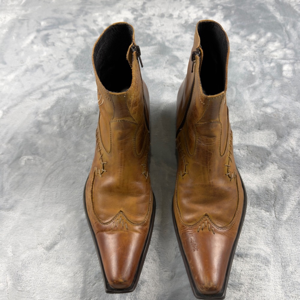 Aldo Mens Tan Leather Dragon Embroidered Western Pointed Toe Ankle Boots 41